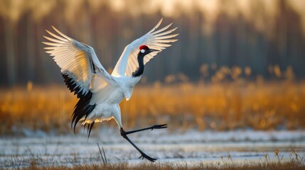 Fototapeta premium A white and black bird with its wings spread wide, showcasing its impressive wingspan and graceful posture. The bird appears poised and elegant as it displays its striking plumage.