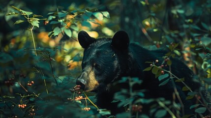 A black bear is seen in the woods, actively foraging for berries. The bear is using its paws and...