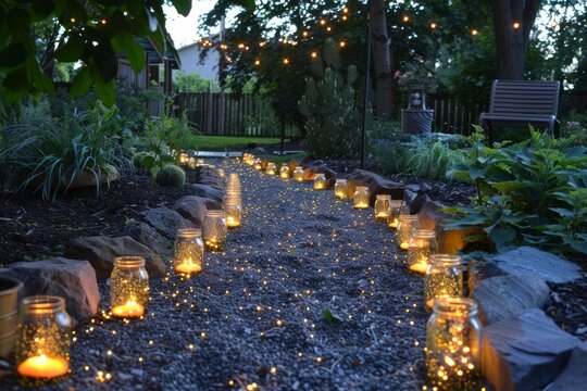 A backyard firefly garden with twinkling lights, firefly jars, and glowing pathways, capturing the magic of summer evenings and childhood, Generative AI