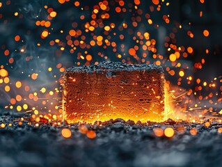 A brick is on fire and surrounded by sparks. Concept of danger and destruction.
