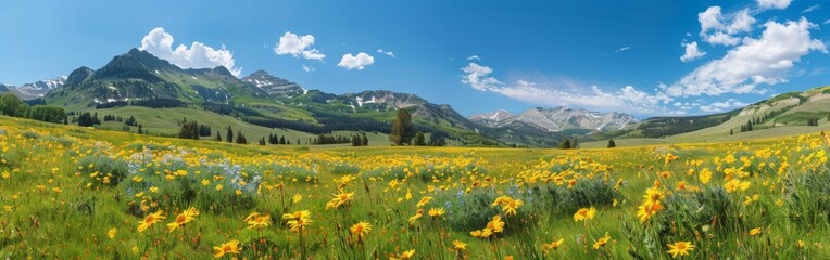 Fototapeta premium A vast meadow filled with vibrant yellow flowers stretching towards the horizon, with majestic mountains towering in the distance under a clear blue sky.