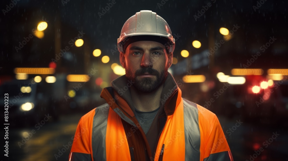 Poster generative ai portrait of a road worker in reflective gear, holding a stop sign, controlling traffic
