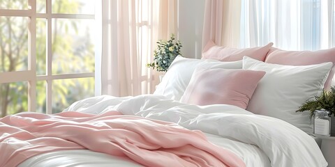 Inviting cozy home with pink and white bedding for a comfortable retreat. Concept Cozy Home Decor, Pink and White Bedding, Comfortable Retreat, Inviting Ambiance