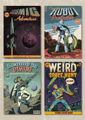 Old Fantastic Comics Cover Set. Retro Future Cosmic Style Illustrations. Space Rocket and Planets, Giant Robot and Extraterrestrial Monster, Space Soldier, Astronaut with Laser Gun versus Huge Octopus