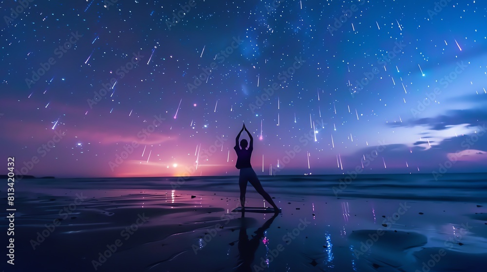 Poster The image is a beautiful landscape photo of a beach at night. The sky is full of stars. A woman is standing on the beach, doing yoga.