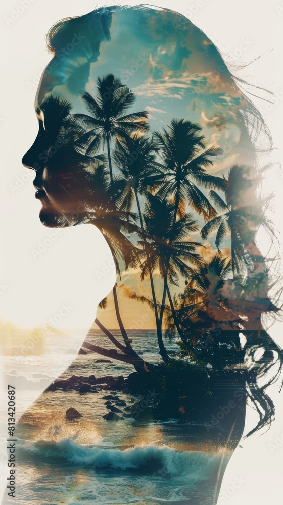 Aufkleber A double exposure image showcasing a womans face superimposed with palm trees in the background. The womans features blend seamlessly with the silhouettes of the palm trees, creating a unique and capt