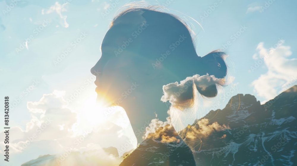 Poster a silhouette of a woman standing against a backdrop of clouds, creating a striking double exposure c
