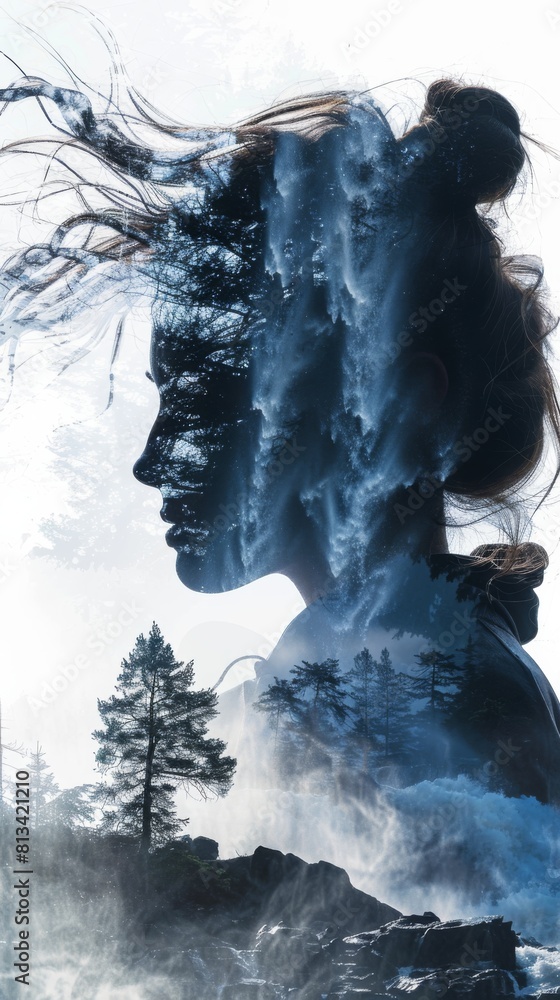 Poster a womans face is visible in the foreground, with a majestic waterfall cascading in the background. t