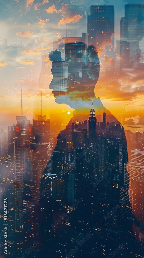 Poster A double exposure showcasing a mans face overlaid onto a bustling city scene. The mans features merge with the urban environment, creating a dynamic and modern composition.