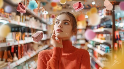 A woman standing in a store, looking up attentively at the ceiling. She appears curious and engaged, as if searching for something or admiring the architecture above her.