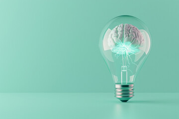 A 3D illustration of a crystal-clear light bulb with a luminous brain inside, placed on a pastel mint background for a fresh idea concept 