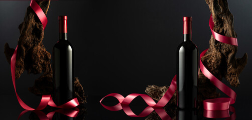 Bottles of red wine on a black reflective background.