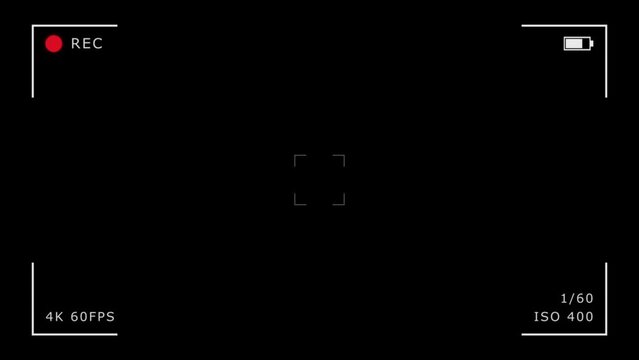 Camera recording screen overlay on black background, mirrorless cam viewfinder frame animation template, digital video recorder user interface display with setting and time data for production design