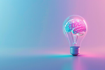 A 3D minimalist light bulb with a vibrant brain pattern, set against a calming pastel indigo background, denoting creative energy