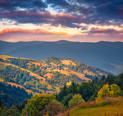 Long focus picture of Carpathian countryside. Amazing summer view of grassland. Amazing sunrise in...