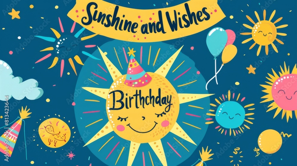 Poster a birthday card design featuring a cheerful sun with a smiling face wearing a party hat, surrounded 