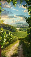 Fototapeta premium A path winds its way through a vibrant green vineyard, bordered by lush trees. The setting exudes tranquility and natures beauty.