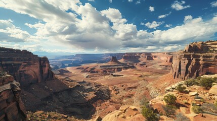 A grand canyon in the desert, showcasing vast rocky cliffs, deep ravines, and a winding river under a clear blue sky.