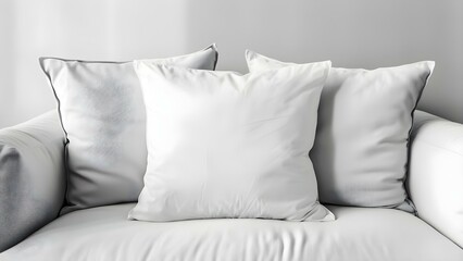 White Pillow Mockup on Scandinavian Style Sofa. Concept Product Photography, Interior Design, Home Decor, Trending Furniture, Styled Mockups