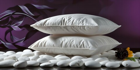 Pillow on white rocks against a purple backdrop. Concept Pillow Photoshoot, White Rocks, Purple Background
