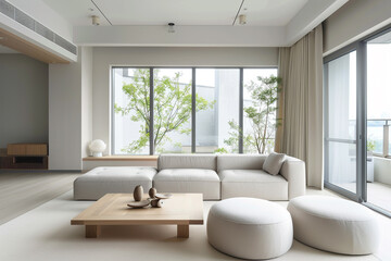 Minimalist living room with a serene color scheme, simple furniture, and large windows that bring in natural light.