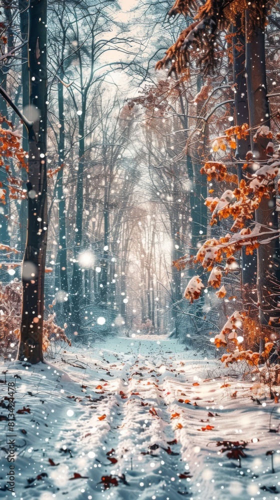 Poster a snowy forest with trees covered in snow