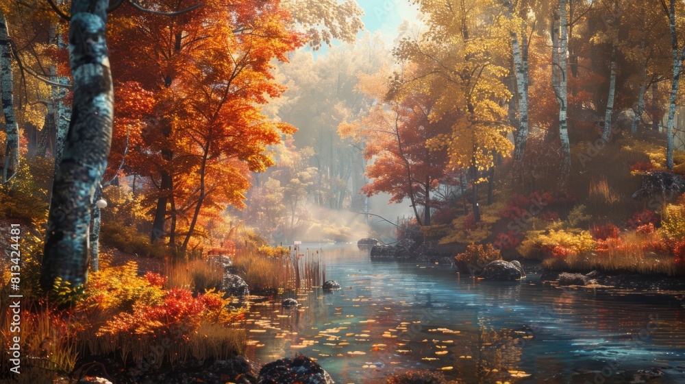 Poster a beautiful autumn scene with a river and trees