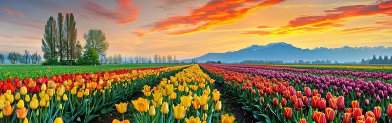 A painting showcasing a field of vibrant tulips with a colorful sunset in the background. The flowers are in full bloom, creating a striking contrast against the setting sun.