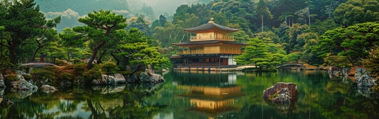 A realistic painting depicting a pagoda standing in the center of a lake, surrounded by water and lush greenery. The pagoda is the central focus of the composition, reflecting in the calm waters.