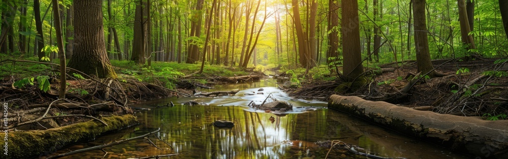 Poster a stream winds its way through a dense, vibrant green forest, surrounded by towering trees and lush 