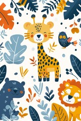 A colorful drawing of animals in a jungle setting