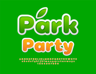 Vector trendy flyer Park Party. Bright Creative Font. Sticker style Alphabet Letters and Numbers.