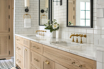 A bathroom with a white oak cabinet, marble countertop, gold faucets, black and white tiled floor, and sconces around black mirrors