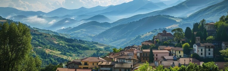 The image showcases a quaint village nestled in the mountains, with rustic buildings dotting the landscape. Lush greenery surrounds the village, and towering mountains provide a majestic backdrop.