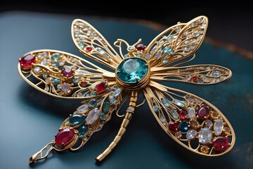 Fototapeta premium Closeup of a dragonfly brooch with gemstones Generative AI