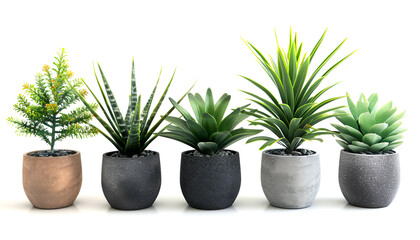 Fototapeta premium Set of artificial plants in flower pots isolated on white