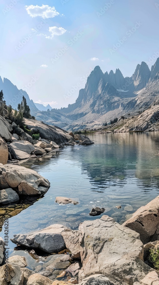 Poster A mountain range with a lake in the foreground. The lake is calm and the mountains are in the background