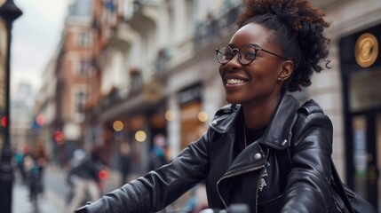 Smiling african american female cycling to work in London to save money and live sustainably....