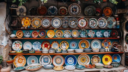 assortment of vibrant Portuguese ceramic pottery and handcrafted goods from the region. Portugal displays ceramic plates. Old and colorful ceramic plates from Sagres, Portugal.