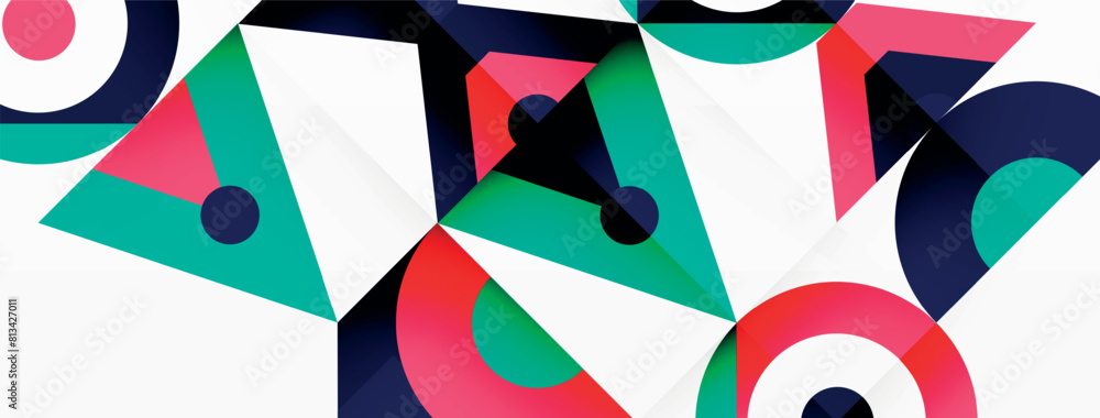 Poster product featuring a vibrant geometric pattern with red rectangles and triangles on a white backgroun