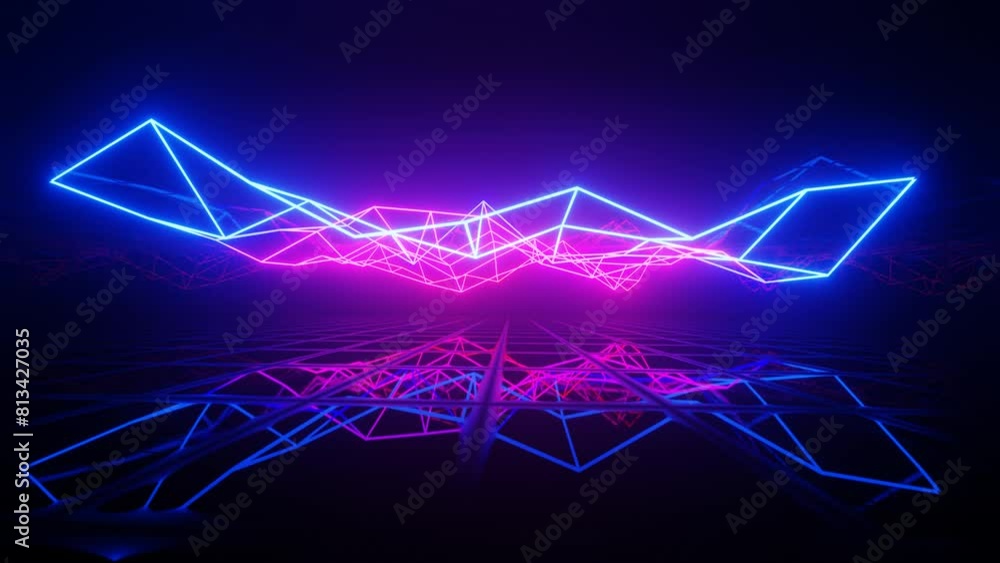 Poster vj loop mirror room with fly neon frame waving surface. abstract festive bg with bright reflection. 