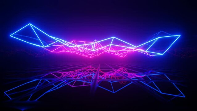 Vj loop mirror room with fly neon frame waving surface. Abstract festive bg with bright reflection. Dark room disco lights. Seamless looped bg. Night club bright neon style bg. Wireframe
