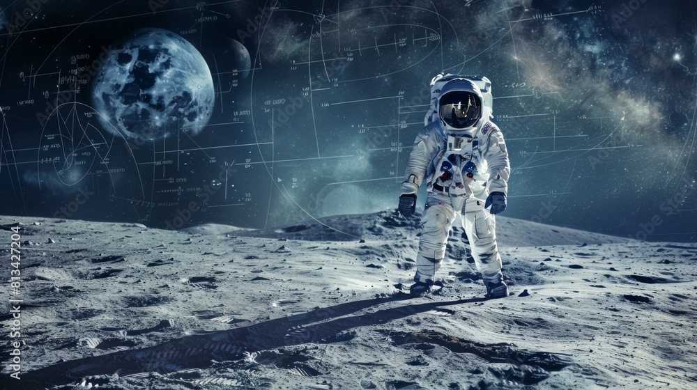 Poster an astronaut in a spacesuit standing on the moon, holding a map in hand. the lunar surface is visibl