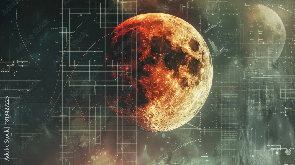 Poster a realistic computer-generated rendering of the moon against a dark background, showcasing its crate