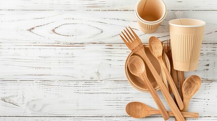 Disposable tableware that is environmentally friendly and composed of paper and bamboo on a white wooden backdrop. Bamboo bowls with paper cups, draped spoons, forks, and knives