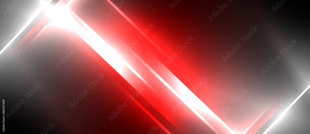 Poster a red and white light, resembling an astronomical object, illuminates a black background creating a 