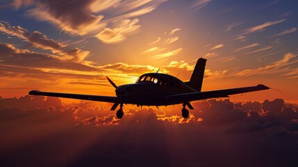 A small plane is flying in the sky at sunset. The sky is filled with clouds and the sun is setting, creating a beautiful and serene atmosphere