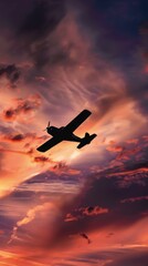 A small plane is seen flying through a cloudy sky, with its silhouette visible against the backdrop of the grey clouds. The plane appears to be in motion, moving steadily through the clouds.