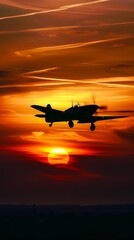 A motor plane is flying in the sky during sunset, creating a silhouette against the colorful sky. The scene captures the beauty of the setting sun and the aircraft in motion.