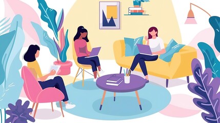 Three diverse women in a modern office space, working on their laptops and relaxing.